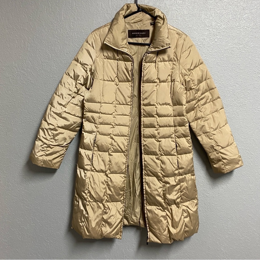 ANDREW MARC Womens Parka Coat Large Tan Down Fill Long Puffer Fur Jacket FLAWS